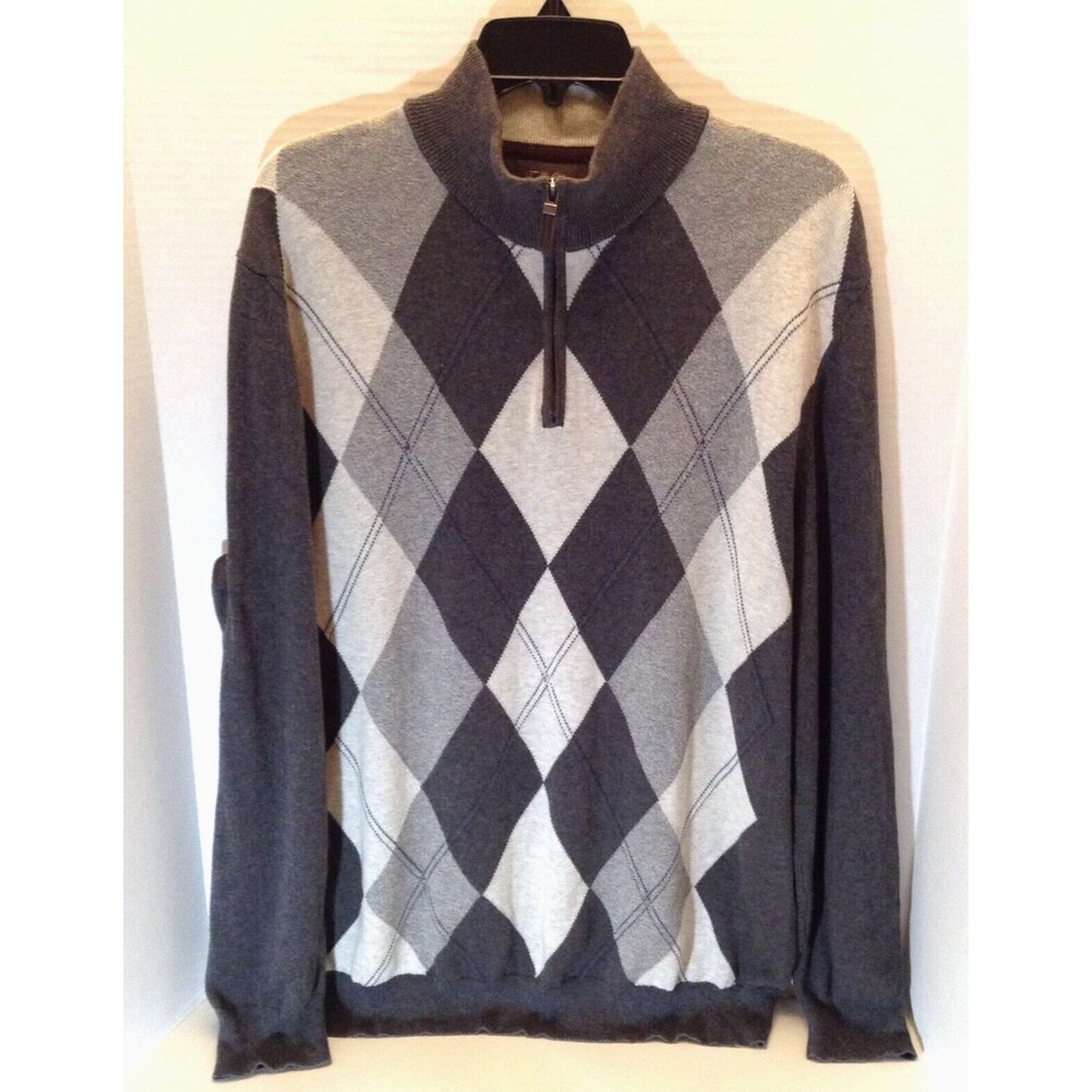 Tassa Elba Argyle Sweater Men L Gray 1/4 Zip Pullover Preppy Grandpa Winter Cozy